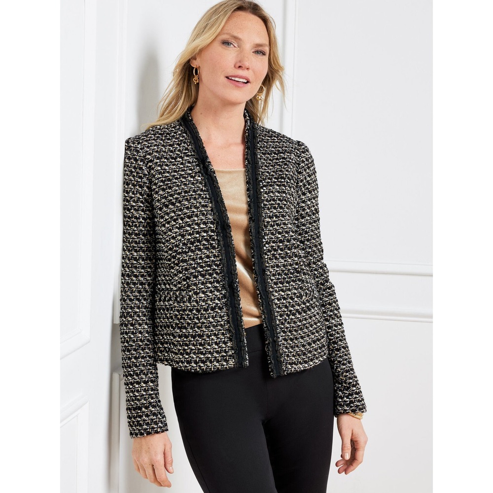 Talbots Petite Breckenridge Tweed Jacket‎ Black White Gold Metallic Size 4P Wool